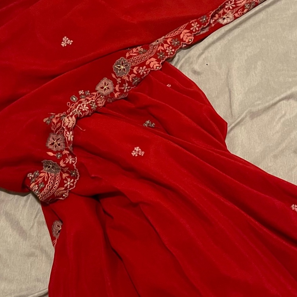 Red Chiffon Saree with embroidered/cutwork border